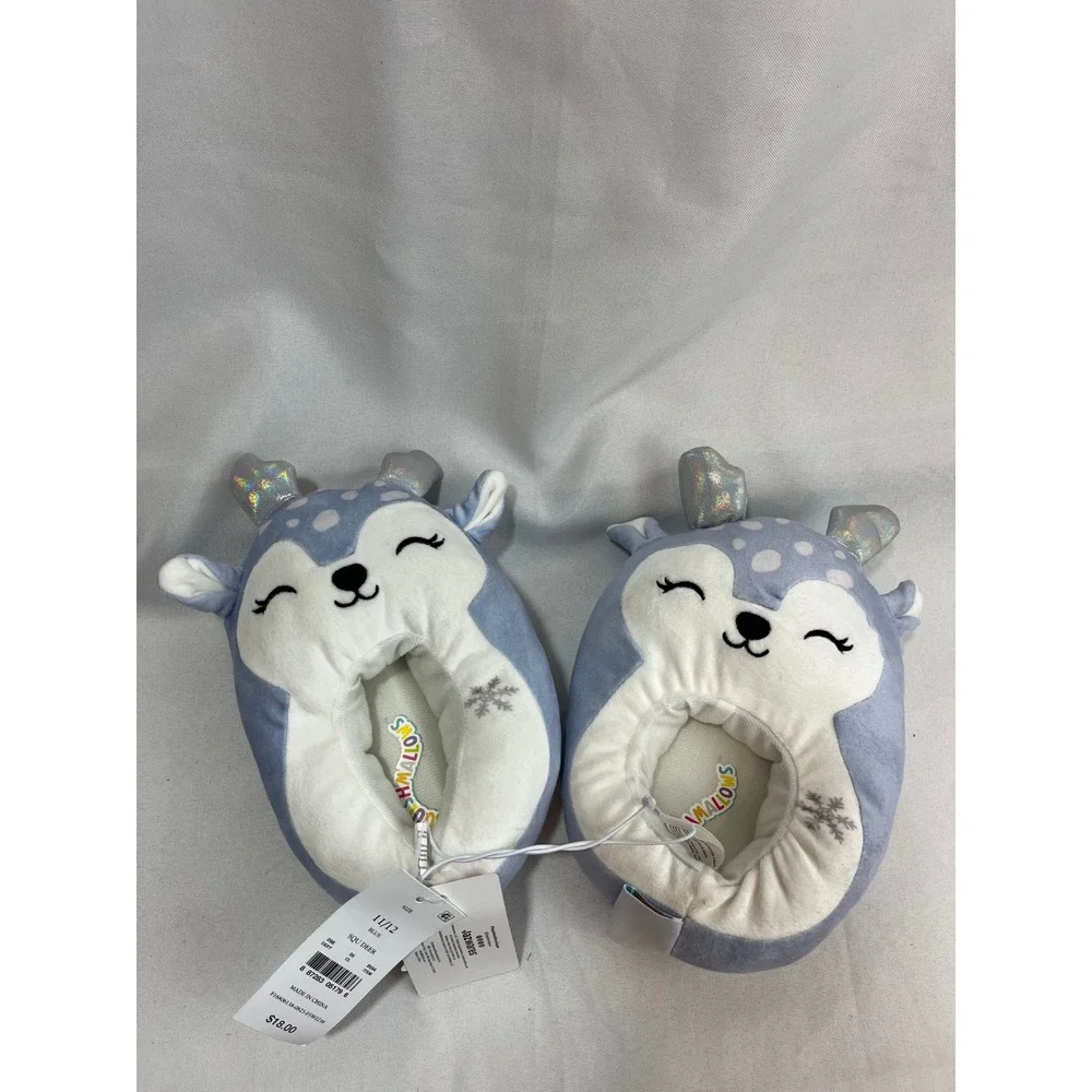 Squishmallows Blue Deer Plush Slippers Iridescent Antlers Kids Size 11/12 NWT